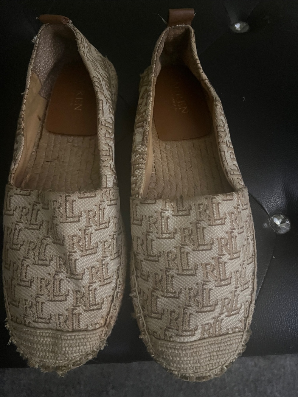 Ralph Lauren Beige RL Monogram Espadrille Slip-Ons